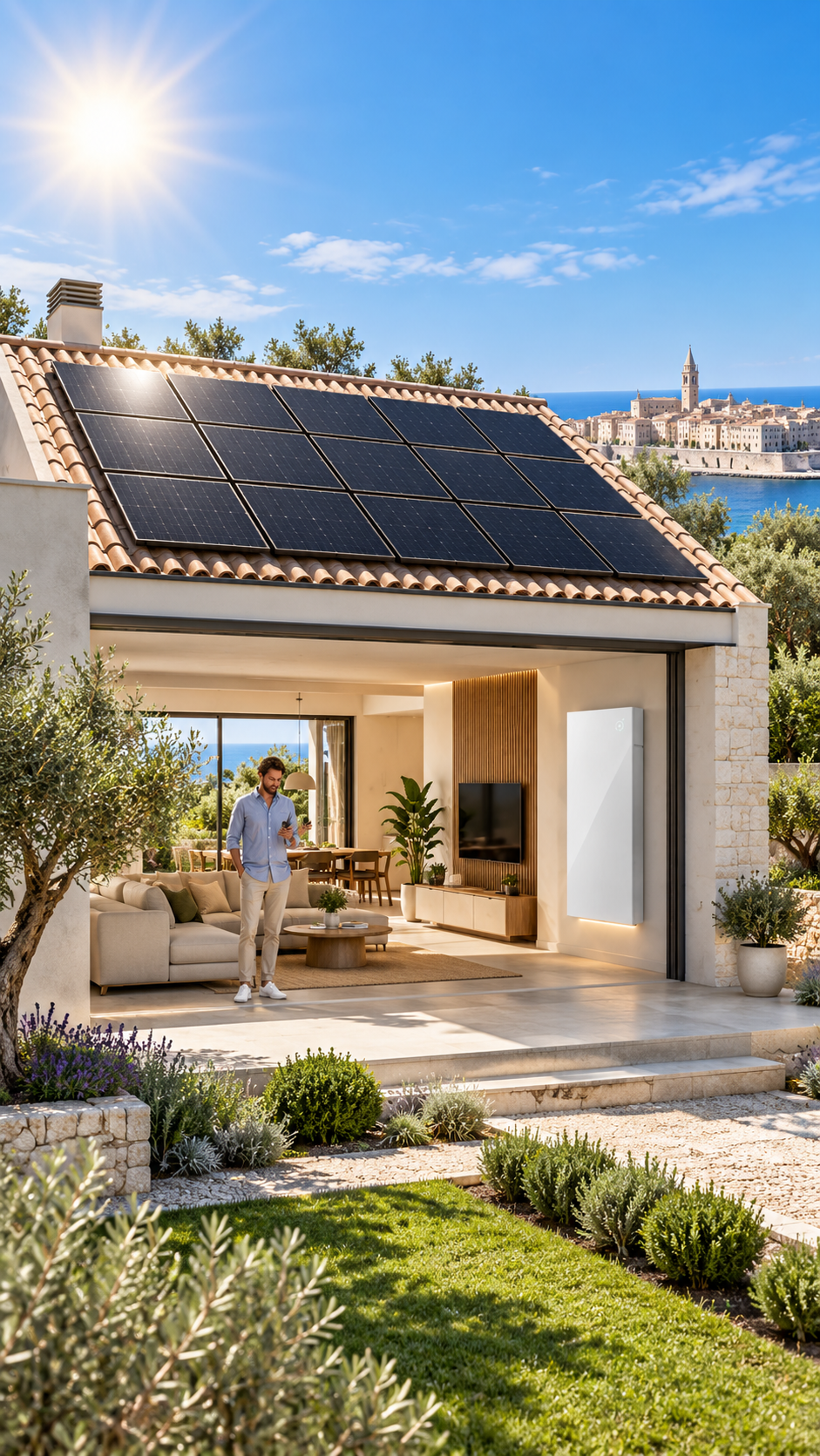 Illustrazione di una villa con pannelli solari, accumulo e una persona che controlla l’energia dal telefono